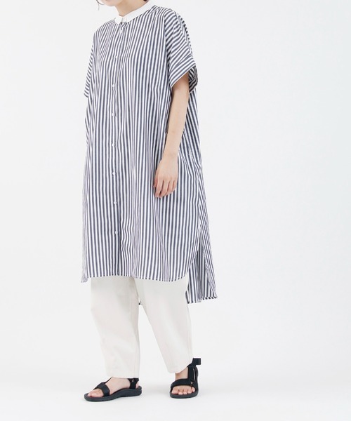 folka（フォルカ）の「1-ストライプ オーバーシャツ 半袖 ワンピース ワイドシルエット ギンガムチェック ストライプ チェック（シャツワンピース・レディース・ブラック×ホワイト/ネイビー×ホワイト・ONE SIZE）」の19枚目の写真