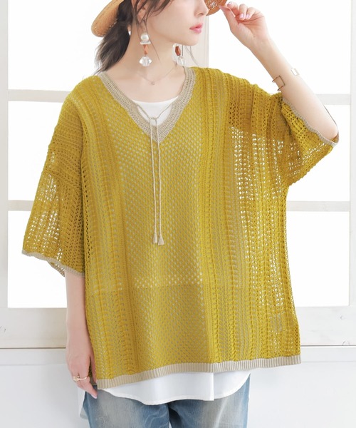 n'OrLABEL（ノアールレーベル）の「【廃盤】『透かし編みバイカラーニット』（ニット/セーター・レディース・ブラック/ベージュ/マスタード・FREE）」の3枚目の写真