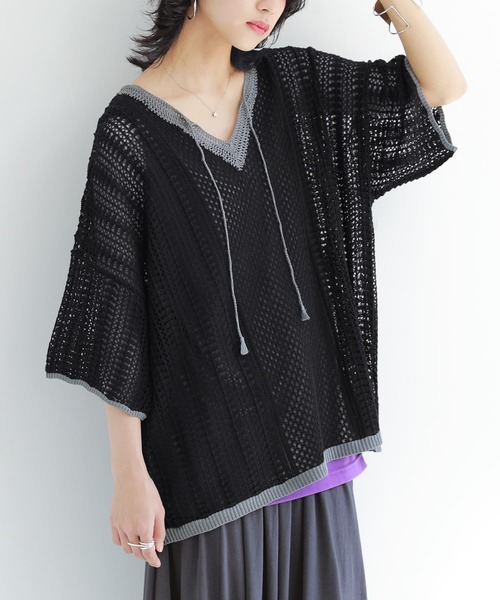 n'OrLABEL（ノアールレーベル）の「【廃盤】『透かし編みバイカラーニット』（ニット/セーター・レディース・ブラック/ベージュ/マスタード・FREE）」の2枚目の写真