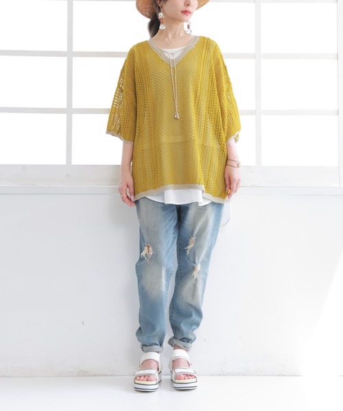 n'OrLABEL（ノアールレーベル）の「【廃盤】『透かし編みバイカラーニット』（ニット/セーター・レディース・ブラック/ベージュ/マスタード・FREE）」の8枚目の写真