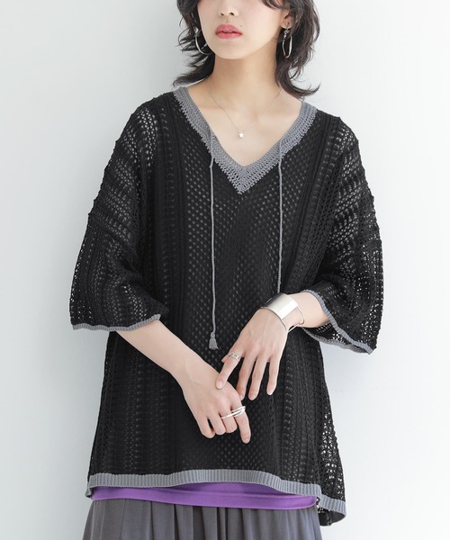 n'OrLABEL（ノアールレーベル）の「【廃盤】『透かし編みバイカラーニット』（ニット/セーター・レディース・ブラック/ベージュ/マスタード・FREE）」の9枚目の写真