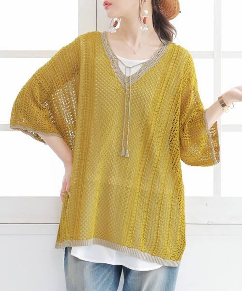 n'OrLABEL（ノアールレーベル）の「【廃盤】『透かし編みバイカラーニット』（ニット/セーター・レディース・ブラック/ベージュ/マスタード・FREE）」の4枚目の写真