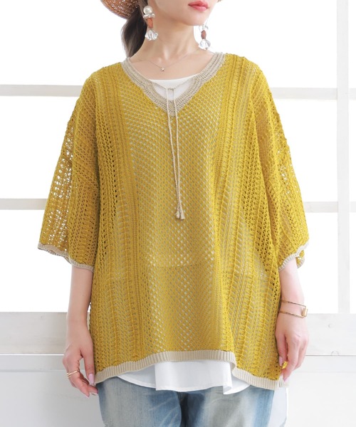 n'OrLABEL（ノアールレーベル）の「【廃盤】『透かし編みバイカラーニット』（ニット/セーター・レディース・ブラック/ベージュ/マスタード・FREE）」の5枚目の写真