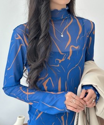 シースルーハイネックマーブル柄シアーインナーカットソー