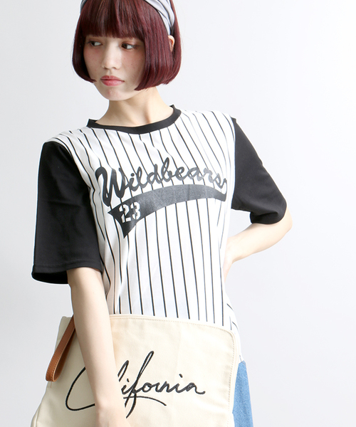 WEGO（ウィゴー）の「WEGO/ストライプメッシュTシャツ（Tシャツ/カットソー・レディース・ネイビー/ブラック・FREE）」の2枚目の写真