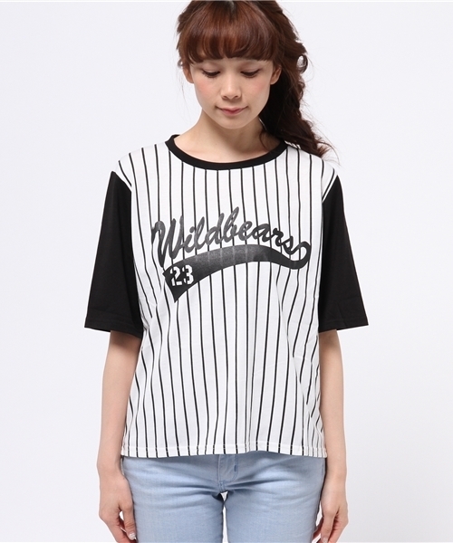 WEGO（ウィゴー）の「WEGO/ストライプメッシュTシャツ（Tシャツ/カットソー・レディース・ネイビー/ブラック・FREE）」の3枚目の写真