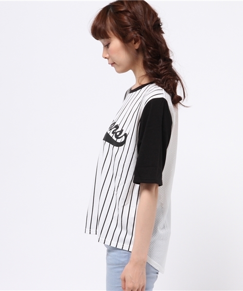 WEGO（ウィゴー）の「WEGO/ストライプメッシュTシャツ（Tシャツ/カットソー・レディース・ネイビー/ブラック・FREE）」の4枚目の写真