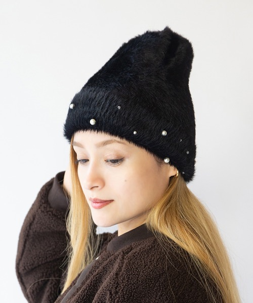 14+（イチヨンプラス）の「コットンパールシャギーワッチ（ニットキャップ/ビーニー・レディース・ブラック/ベージュ/モカ・FREE）」の2枚目の写真