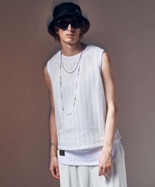 glamb(グラム)の「Mesh Layered Tank Top / メッシュレイヤードタンクトップ(タンクトップ・メンズ・ホワイト/ブラック・S/L/M)」の2枚目の写真