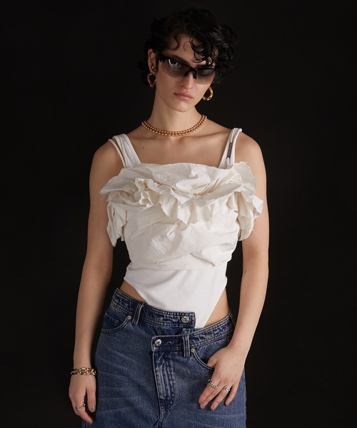 【新品】PRANK PROJECT Cut-off Ruffled Top prank project Cut-off Ruffled Top DIY Off The Shoulder