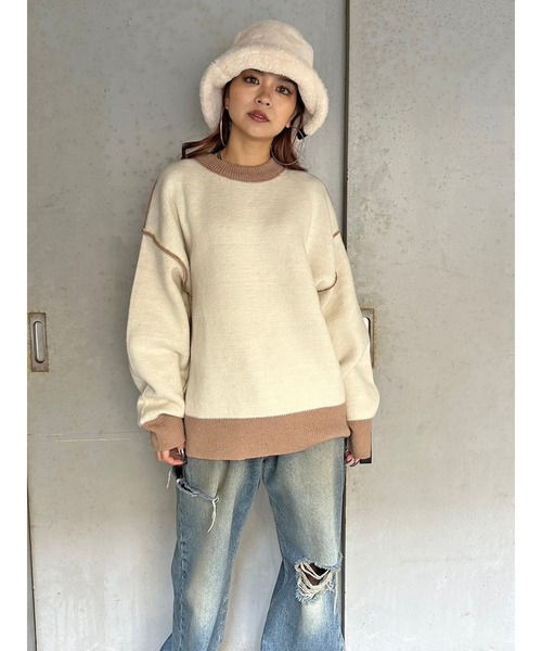 EGOIST（エゴイスト）の「リバーシブル配色ニットトップス（ニット/セーター・レディース・ブラック/アイボリー/グレー・FREE）」の2枚目の写真