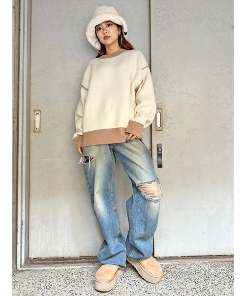 EGOIST（エゴイスト）の「リバーシブル配色ニットトップス（ニット/セーター・レディース・ブラック/アイボリー/グレー・FREE）」の10枚目の写真