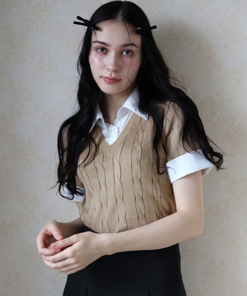 titty＆Co. PETIT（ティティアンドコープティ）の「レイヤードニットシャツトップス（ニット/セーター・レディース・ブラック/ベージュ/グレー/ピンク・FREE）」の3枚目の写真