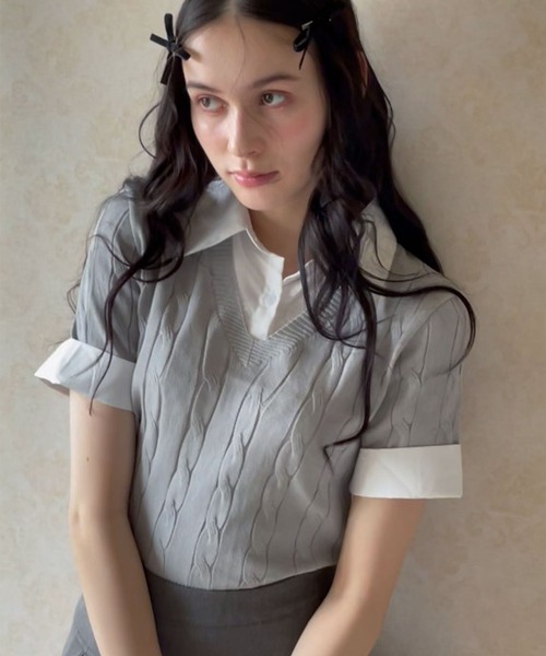 titty＆Co. PETIT（ティティアンドコープティ）の「レイヤードニットシャツトップス（ニット/セーター・レディース・ブラック/ベージュ/グレー/ピンク・FREE）」の2枚目の写真