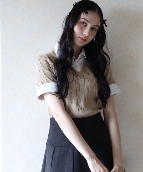 titty＆Co. PETIT（ティティアンドコープティ）の「レイヤードニットシャツトップス（ニット/セーター・レディース・ブラック/ベージュ/グレー/ピンク・FREE）」の14枚目の写真