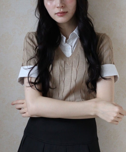 titty＆Co. PETIT（ティティアンドコープティ）の「レイヤードニットシャツトップス（ニット/セーター・レディース・ブラック/ベージュ/グレー/ピンク・FREE）」の9枚目の写真