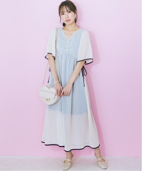 marun（マルン）の「＜大きいサイズ＞　サイドリボンシフォンワンピース marun（ワンピース・レディース・ベージュ/ピンク・L/LL/3L/4L/5L）」の3枚目の写真