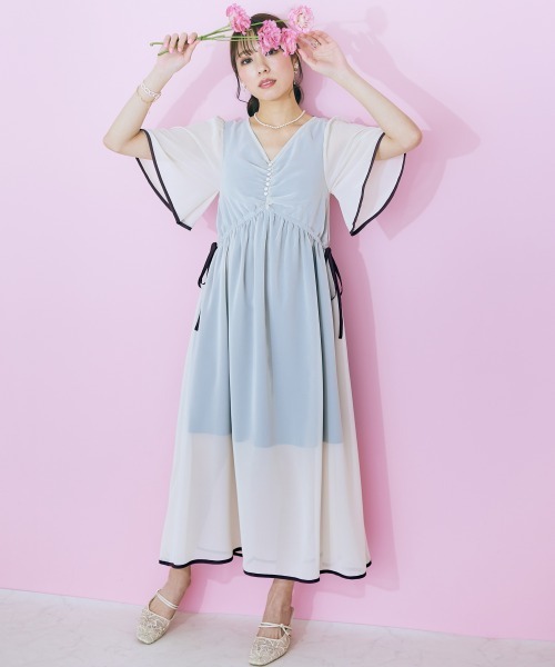 marun（マルン）の「＜大きいサイズ＞　サイドリボンシフォンワンピース marun（ワンピース・レディース・ベージュ/ピンク・L/LL/3L/4L/5L）」の5枚目の写真