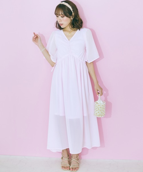 marun（マルン）の「＜大きいサイズ＞　サイドリボンシフォンワンピース marun（ワンピース・レディース・ベージュ/ピンク・L/LL/3L/4L/5L）」の12枚目の写真