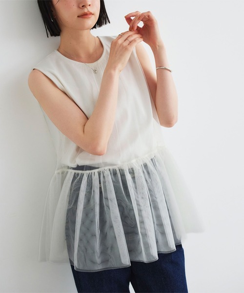 tシャツ ノースリーブチュールレイヤードトップス レディース セール】ノースリーブチュールレイヤードトップス（Tシャツ