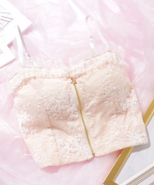 セール】フリルレース フロントジップ カップ付き ビスチェ