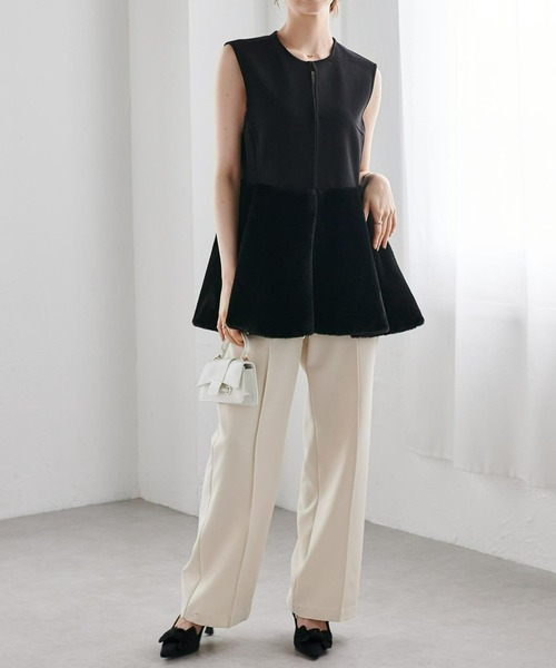 RANAN（ラナン）の「ノーカラーペプラムファーベスト（ベスト・レディース・モカ/アイボリー/ブラック・S/M/L/LL）」の16枚目の写真