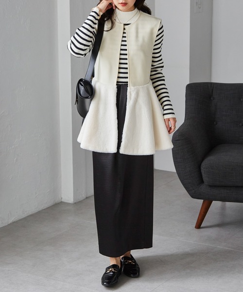 RANAN（ラナン）の「ノーカラーペプラムファーベスト（ベスト・レディース・モカ/アイボリー/ブラック・S/M/L/LL）」の21枚目の写真