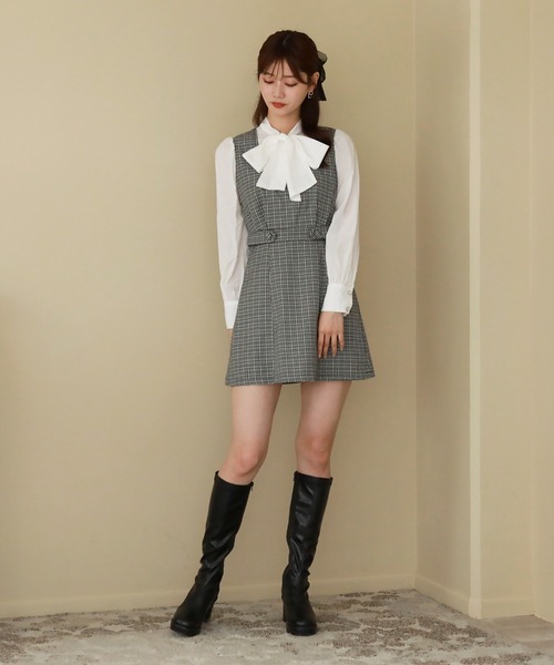 Cheek（チーク）の「ドッキングボウタイミニジャンスカ（ジャンパースカート・レディース・グリーン/ブラック/グレー・MEDIUM）」の4枚目の写真