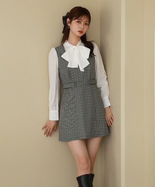 Cheek（チーク）の「ドッキングボウタイミニジャンスカ（ジャンパースカート・レディース・グリーン/ブラック/グレー・MEDIUM）」の7枚目の写真