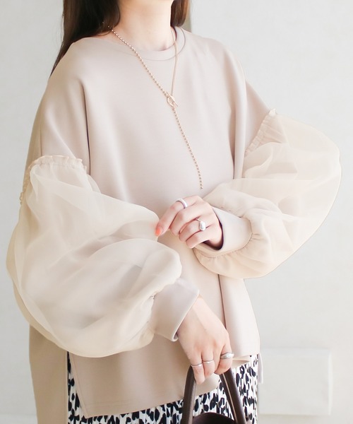 Social GIRL（ソーシャルガール）の「ダンボール オーガンジー ボリューム袖 トップス スウェット トレーナー（スウェット・レディース・アイボリー/ブラック/ベージュ・M）」の3枚目の写真