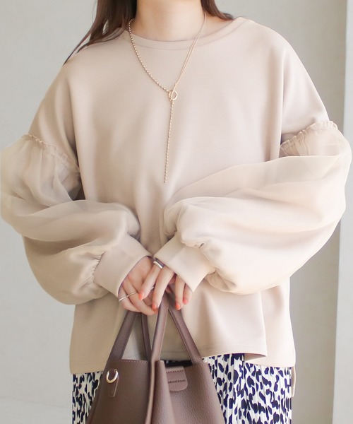 Social GIRL（ソーシャルガール）の「ダンボール オーガンジー ボリューム袖 トップス スウェット トレーナー（スウェット・レディース・アイボリー/ブラック/ベージュ・M）」の9枚目の写真