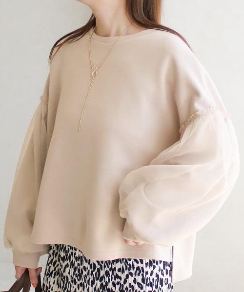 Social GIRL（ソーシャルガール）の「ダンボール オーガンジー ボリューム袖 トップス スウェット トレーナー（スウェット・レディース・アイボリー/ブラック/ベージュ・M）」の6枚目の写真