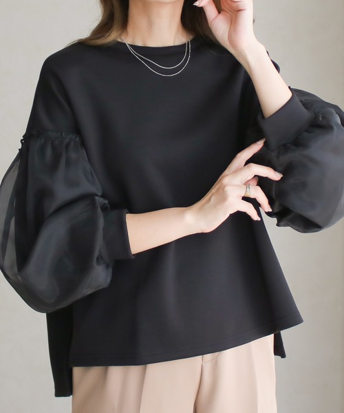 Social GIRL（ソーシャルガール）の「ダンボール オーガンジー ボリューム袖 トップス スウェット トレーナー（スウェット・レディース・アイボリー/ブラック/ベージュ・M）」の21枚目の写真