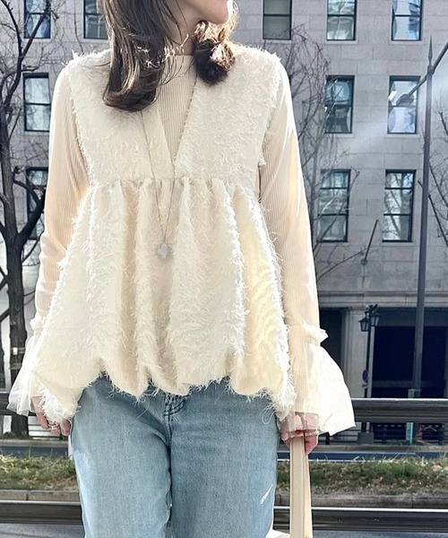 セール】深Vネックフリンジジャガードバルーンペプラムベスト（ベスト