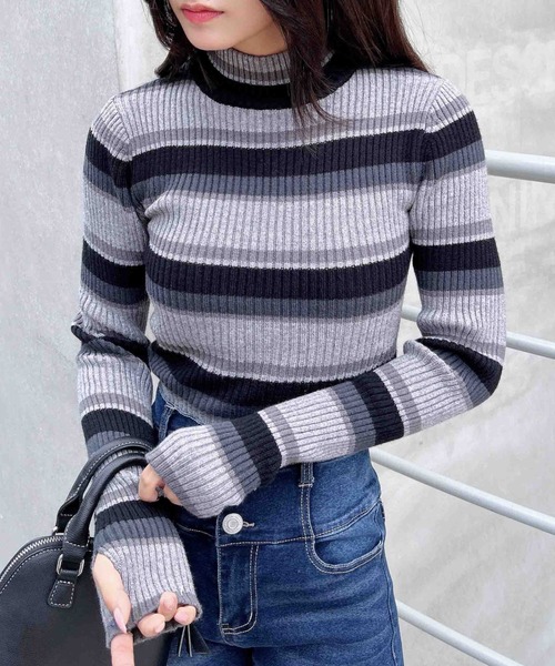 INGNI（イング）の「クロップドハイネックボーダーニット（ニット/セーター・レディース・ブラック/グレー/ブルー・M）」の2枚目の写真