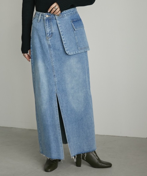 Aunt Marie's(アントマリーズ)の「アシメサロン付きスリットデニムロングスカート(デニムスカート・レディース・ブルー・FREE/S)」の7枚目の写真