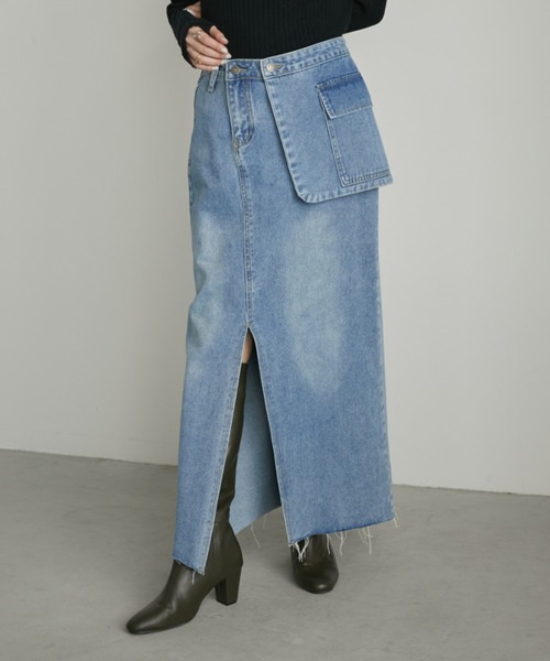 Aunt Marie's(アントマリーズ)の「アシメサロン付きスリットデニムロングスカート(デニムスカート・レディース・ブルー・FREE/S)」の8枚目の写真