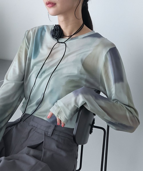 forksy.（フォルクシー）の「【forksy.】水彩アート総柄パワーメッシュプルオーバー（Tシャツ/カットソー・レディース・クリーム/チャコール/ベージュ/ピンク/グレー/ブルー/ブラウン・FREE）」の6枚目の写真