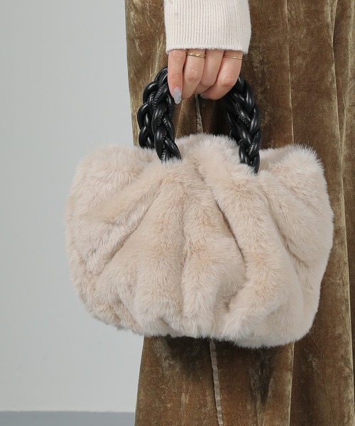 極美品✨銀座カネマツ スエード×ファー リボン ハンドバッグ ミニバッグ 極美品✨銀座カネマツ スエード×ファー リボン ハンドバッグ