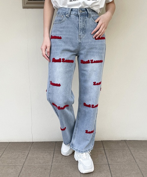 GORGE(ゴージ)の「《ロゴサガラ刺繍×ストレート》レディース デニムパンツ ワイド ハイウエスト 春夏秋冬(デニムパンツ・レディース・ブラック/ブルー・S/M)」の1枚目の写真