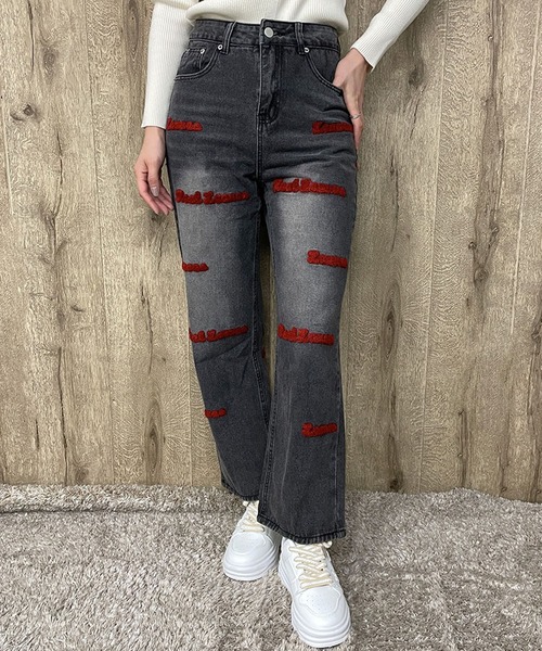 GORGE(ゴージ)の「《ロゴサガラ刺繍×ストレート》レディース デニムパンツ ワイド ハイウエスト 春夏秋冬(デニムパンツ・レディース・ブラック/ブルー・S/M)」の2枚目の写真