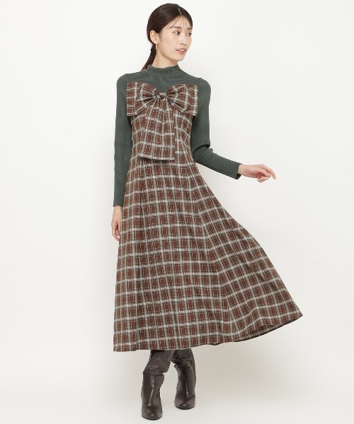 AND COUTURE（アンドクチュール）の「チェックリボン切替ワンピース（ワンピース・レディース・ブラック/ダークグリーン/ブラウン・FREE）」の4枚目の写真