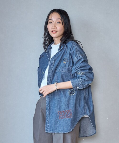 coen(コーエン)の「デニム刺繍オーバーシャツ(シャツ/ブラウス・レディース・コバルトブルー/オフホワイト・M/L)」の3枚目の写真