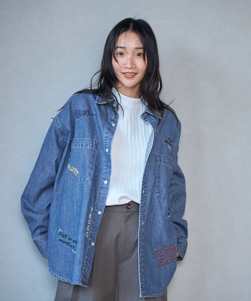 coen(コーエン)の「デニム刺繍オーバーシャツ(シャツ/ブラウス・レディース・コバルトブルー/オフホワイト・M/L)」の5枚目の写真