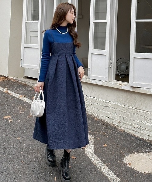 ECLIN（エクラン）の「ふくれジャガードキャミワンピース（ワンピース・レディース・モカ/ネイビー/ブラック・M/L/XL）」の11枚目の写真