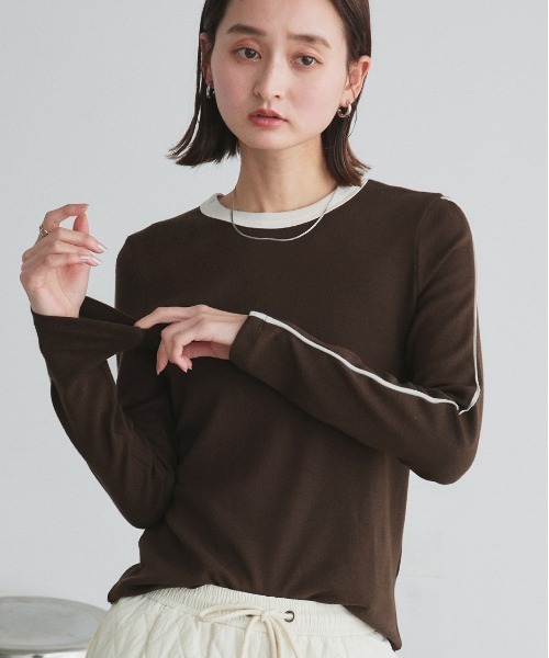 ad thie(アドティエ)の「パイピング リンガー ロングTシャツ(Tシャツ/カットソー・レディース・オフホワイト/ブラック/ダークブラウン・FREE)」の1枚目の写真