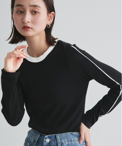 ad thie(アドティエ)の「パイピング リンガー ロングTシャツ(Tシャツ/カットソー・レディース・オフホワイト/ブラック/ダークブラウン・FREE)」の3枚目の写真