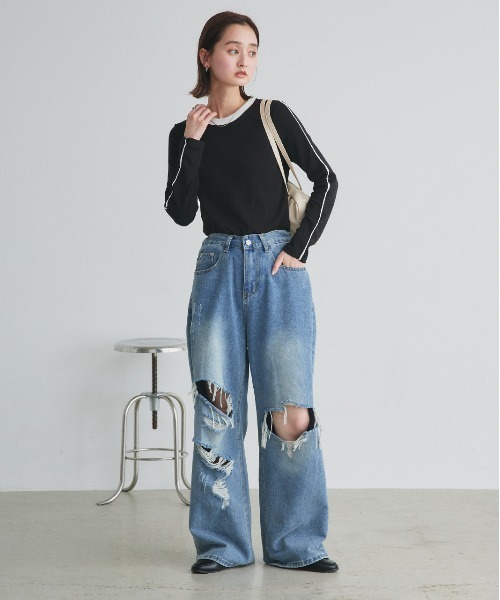ad thie(アドティエ)の「パイピング リンガー ロングTシャツ(Tシャツ/カットソー・レディース・オフホワイト/ブラック/ダークブラウン・FREE)」の21枚目の写真