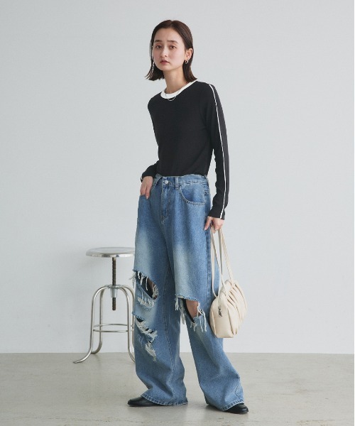 ad thie(アドティエ)の「パイピング リンガー ロングTシャツ(Tシャツ/カットソー・レディース・オフホワイト/ブラック/ダークブラウン・FREE)」の22枚目の写真