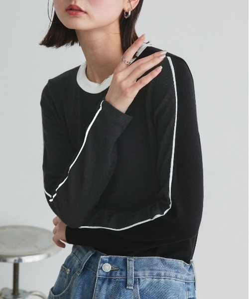 ad thie(アドティエ)の「パイピング リンガー ロングTシャツ(Tシャツ/カットソー・レディース・オフホワイト/ブラック/ダークブラウン・FREE)」の15枚目の写真